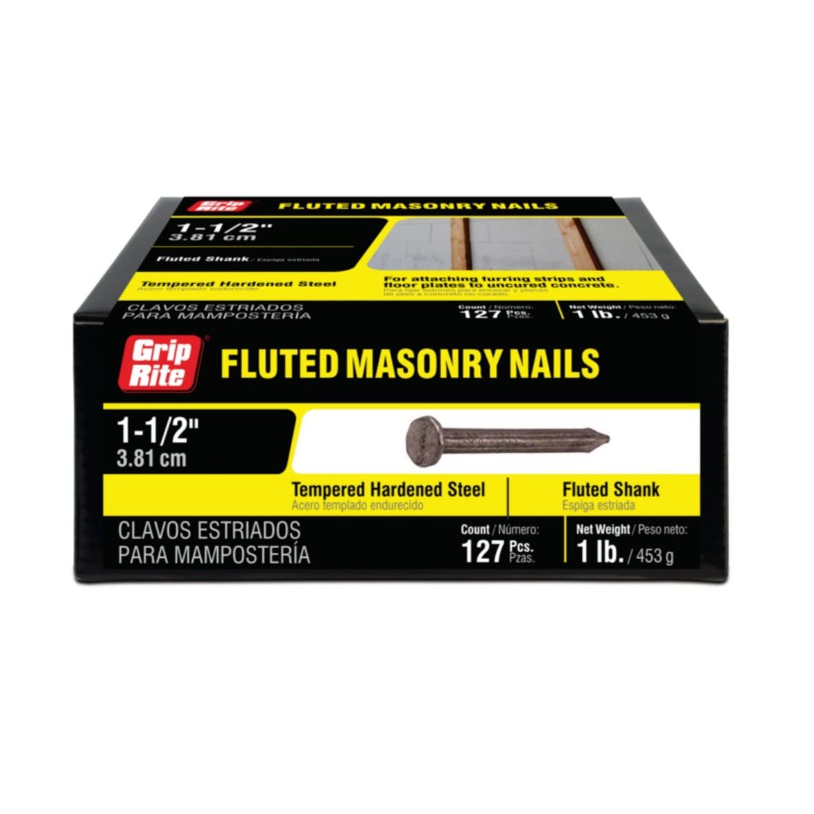 A pack of Grip-Rite #9 x 1-1/2 in. Fluted Masonry Nails (127 count) weighs 1 lb and is made from tempered hardened steel, ideal for concrete walls. Set against a white background with navigation links at the top.